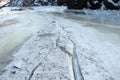 The water mirror is covered with ice of the Dnieper River near the Khortitsa Island in the frosty winter. city of Zaporozhye. Ukra Royalty Free Stock Photo