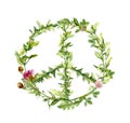 Natural peace, pacifism sign with green grass, flowers and leaves. Antiwar watercolor picture, not war floral symbol
