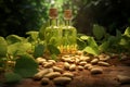 Natural peanut oil in a glass jar with verdant leaves and peanuts on wooden table. Generative AI Royalty Free Stock Photo