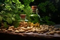 Natural peanut oil in a glass jar with verdant leaves and peanuts on wooden table. Generative AI Royalty Free Stock Photo