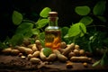 Natural peanut oil in a glass jar with verdant leaves and peanuts on wooden table. Generative AI Royalty Free Stock Photo