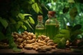 Natural peanut oil in a glass jar with verdant leaves and peanuts on wooden table. Generative AI Royalty Free Stock Photo