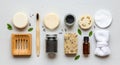 Natural personal care products arranged neatly on a light surface. Includes round and rectangular Royalty Free Stock Photo