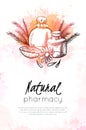 Natural pharmacy. Vertical card with sketch illustration of vial, flower, orange, juniper and watercolor splashes. Healthcare and