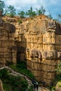 Natural phenomenon of eroded cliff, soil pillars, rock sculptured by water, wind for million years