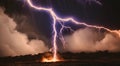 Natural phenomenon of lightning flashing light Lightning strikes the ground and trees from heavy rain and thunderstorms and