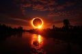 Natural phenomenon - total solar eclipse, river, trees in the dark. Generated by artificial intelligence Royalty Free Stock Photo