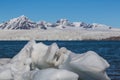 Ice in front of Esmarkbreen glacier in Svalbard, blue sea and sky