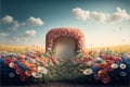 Natural podium backdrop with dreamy flower field. Generative AI