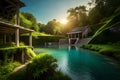 Natural pond in the forest,cave STONE house sunk into the ground, terraces and stairs Ai generated