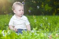 Natural Portrait of Little Cute Caucasian Toddler Child Sitting On Grass Outdoors