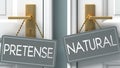 Natural or pretense as a choice in life - pictured as words pretense, natural on doors to show that pretense and natural are