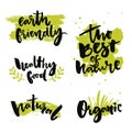 Natural product badges and labels. Stickers with calligraphy words. The best of nature, healthy food, earth friendly