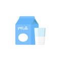 Natural product, milk pack and glass, flat Royalty Free Stock Photo