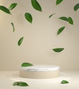 Natural Product Podium With Beige Background And Falling Green Leaves 3d Render