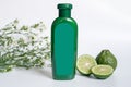 Natural products for hair concept. green plastic bottle with blank label contain herbal bergamot shampoo