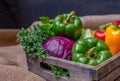 Natural products organic foods and fresh vegetables, green pepper, red pepper, yellow chilli, purple cauliflower, green Royalty Free Stock Photo