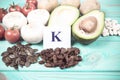 Natural products rich in potassium K . Healthy food concept. Royalty Free Stock Photo