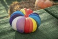 Natural pumpkin painted rainbow colors. Autumn holidays. Royalty Free Stock Photo