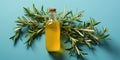 Natural razmarin oil in bottle on a blue background. Generative AI Royalty Free Stock Photo
