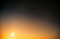 Natural real night sky stars background. Natural starry sky and sun background backdrop. Sunset, sunrise Royalty Free Stock Photo
