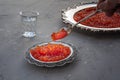 Natural red caviar on silver plate and in spoon Royalty Free Stock Photo