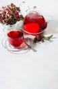 Natural red herbal tea in transparent teapot, cup with hawthorn berry, rosehip, dry leaves in morning sunlight on soft light white Royalty Free Stock Photo