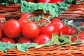 Natural red tomatos in a wicker basket. Empty copy space Royalty Free Stock Photo