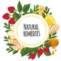 Natural remedies frame with healthy ingredients - ginger, mint, lemon, raspberry Royalty Free Stock Photo