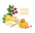 Natural remedies ingredients lemon, ginger,raspberry, honey. Folk medicine Royalty Free Stock Photo