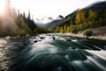 The natural river landscape flows through the rocks along the foothills