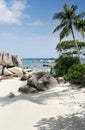 Natural rock formation in the sea and on a white sand beach with a palm tree in Belitung Island. Royalty Free Stock Photo