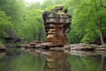 natural rock formation towering over a tranquil pond