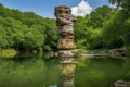 natural rock formation towering over a tranquil pond