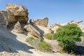 Natural rock formations and sparse vegetation at Lake Arco in Angola`s Namib Desert