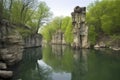 natural rock formations towering over a tranquil pond