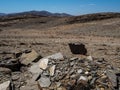 Natural rock mountain dried dusty landscape ground of Namib desert with splitting shale pieces, other stone and desert plant