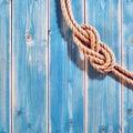 Natural Rope Double Figure Eight Knot on Blue Wood Royalty Free Stock Photo