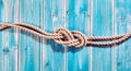 Natural Rope Double Figure Eight Knot on Blue Wood Royalty Free Stock Photo