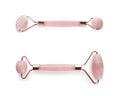 Natural rose quartz face rollers on white background, collage