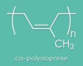 Natural rubber (cis-1,4-polyisoprene), chemical structure. Used to manufacture surgeons' gloves, condoms, boots, car tires, etc.
