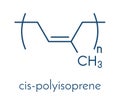 Natural rubber cis-1,4-polyisoprene, chemical structure. Used to manufacture surgeons` gloves, condoms, boots, car tires, etc..