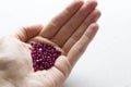 A natural ruby lies in the hand. Natural stones, ruby located in the female hand. The hand holds a ruby. Copy space for your text Royalty Free Stock Photo