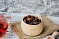 Natural rustic organic berries. Collection of mountain berries in wooden bowl