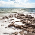 Natural salt on coast of Dead Sea in winter Royalty Free Stock Photo