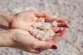 Natural salt crystals on female hands on a background of salt lake Royalty Free Stock Photo