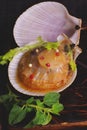 Natural scallops in a newly opened shell on a dark board Royalty Free Stock Photo