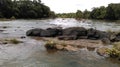 Natural scene with running river water with black stones