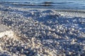 Snow, frost, and wind create irregularly shaped ice balls on the shores of Lake Michigan Royalty Free Stock Photo