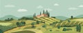 Natural scenery flat vector illustration. Italian village cartoon landscape with green hills and fields Royalty Free Stock Photo